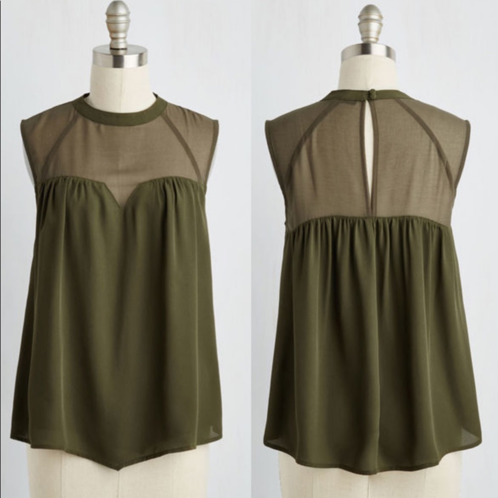 MAKE OFFER - Flowy olive top with illusion neck